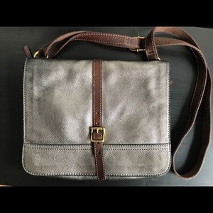Metallic Pewter Leather Fossil Crossbody